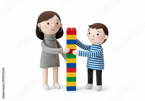 Mother and son building a tall stack of colorful toy blocks, symbolizing teamwork and creativity