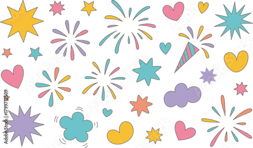Vibrant doodle elements featuring colorful stars, hearts, abstract bursts, and party poppers for cheerful designs and celebrations. Vector