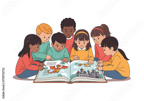 Children Reading Book Together Diverse Kids Learning, Story Time