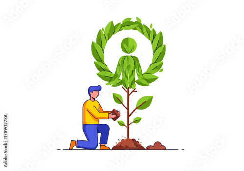 Sustainable Growth Man Planting Tree, Eco-Friendly Future, ESG