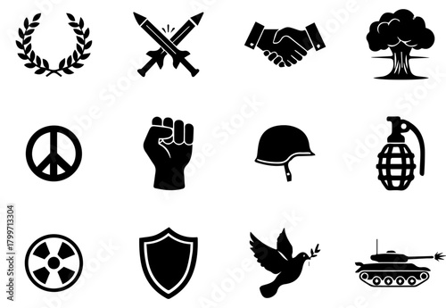 War icon set. Containing battle, weapon, conflict, missile, bomb, combat, army, tank, medal, veteran, victory, defeat, explosion and soldier symbol.