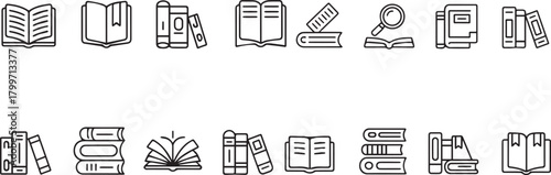 Collection of line art book icons depicting various reading and study symbols
