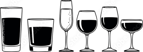Six Different Types of Glasses with Various Drinks Black and White Vector Illustration for Bar or Restaurant Design
