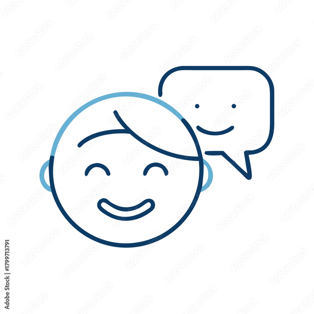 Obraz premium Minimal line icon of chat bubble with simple smiling kid face, representing positive communication for children