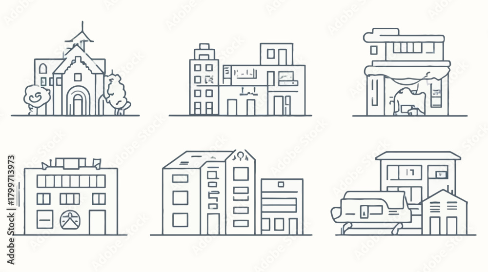 Obraz premium A diverse collection of modern and traditional building line art illustrations on a white background.