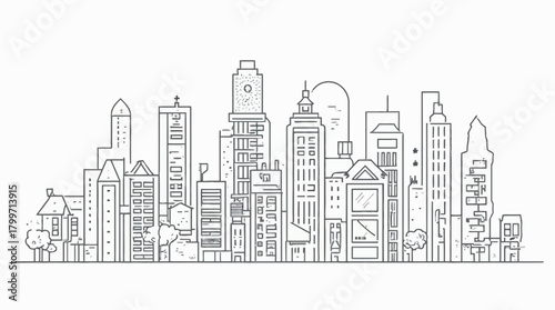Minimalist line art illustration of a diverse modern city skyline with various buildings