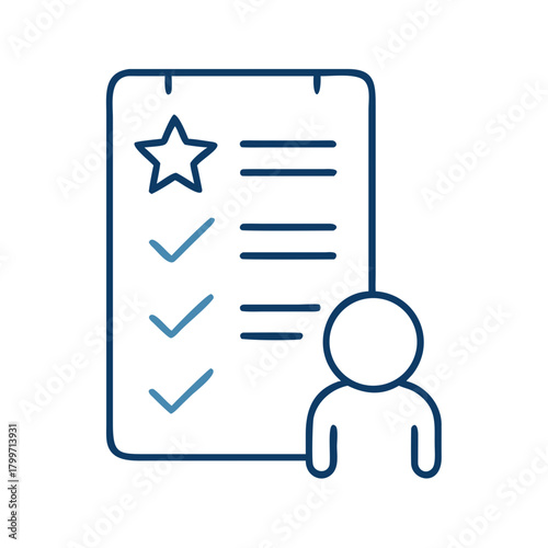 Minimal line icon of child next to checklist with star, symbolizing goals and achievements for kids