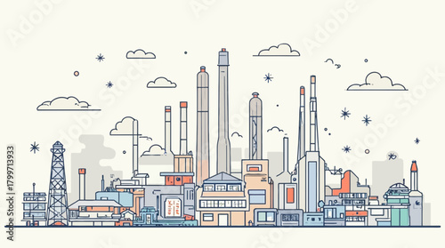 Industrial complex with factories, chimneys, and storage tanks under a simple sky