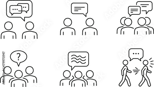 Diverse communication and discussion icons representing teamwork and ideas
