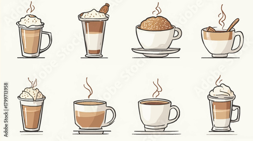 A diverse collection of stylized coffee beverages in various cups and glasses with steam.