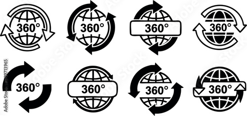 360 degrees rotation globe icons vector set with arrows for full circle motion and global spin illustration