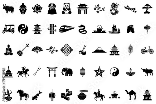 Collection of Asia Culture Icons Symbols, Architecture, and Traditions