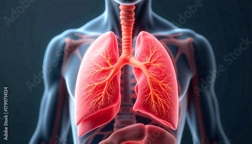 A detailed anatomical illustration of the human respiratory system with vibrant red lungs.