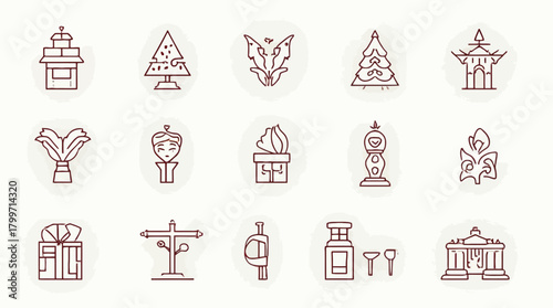 Diverse outline icon collection featuring plants, gifts, architectural elements, and cultural symbols