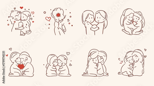 Minimalist line art showing loving couples hugging in various affectionate poses