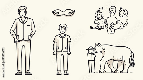A collection of diverse human figures, a mustache icon, and an animal scene illustration.