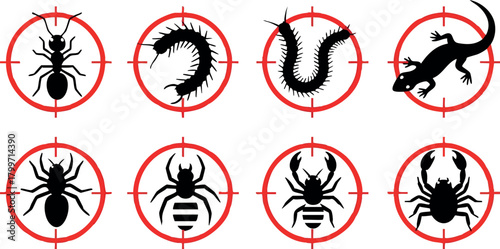 Pest control icons with red target circles featuring ant centipede millipede lizard spider bee and crab designs vector illustration
