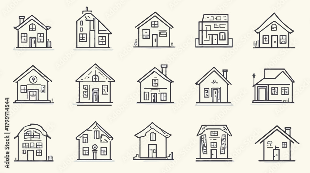 Fototapeta premium A collection of simple black outline house vector icons on a light background.