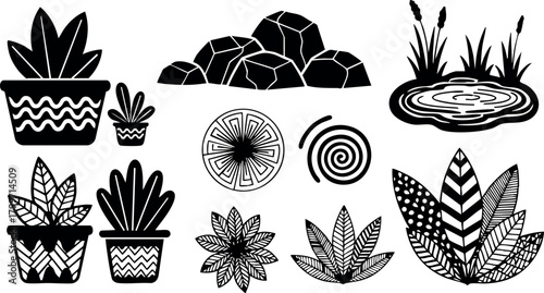 Black and white vector set of succulent plants and garden pond design elements for nature decoration and landscaping projects