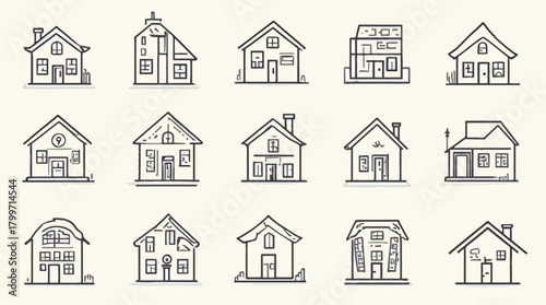 A collection of simple black outline house vector icons on a light background.