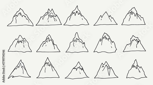A collection of simple hand-drawn mountain range illustrations presented on a clean white background