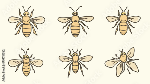 Collection of six hand-drawn bee illustrations in various poses and styles