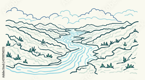 A minimalistic line art illustration depicts a winding river flowing through a serene mountain valley