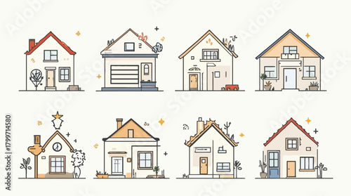 A charming collection of diverse minimalist house illustrations with unique architectural details.
