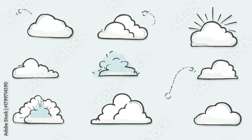 A charming collection of hand-drawn doodle style cloud illustrations for weather designs.
