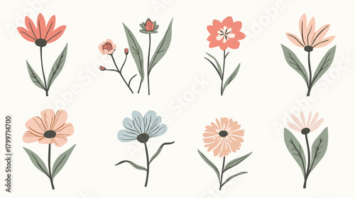 Stylized graphic designs featuring various blossoms in a whimsical and modern aesthetic