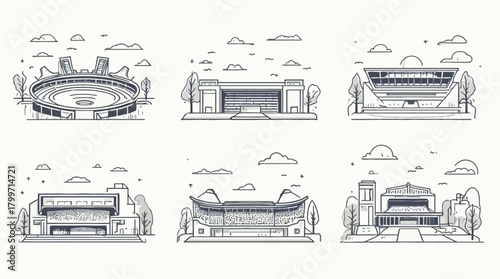 Minimalist line art vector illustrations of various modern architectural buildings and stadiums