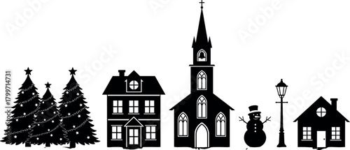 Christmas village silhouette with church, houses, snowman, and trees. Black vector illustration of a winter town, isolated on white.