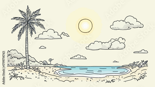 Hand-drawn tropical beach scene with palm tree, sun, clouds, and ocean