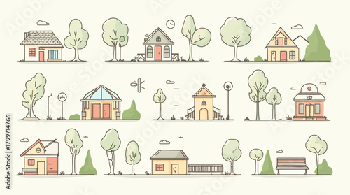 Colorful flat line art collection of diverse buildings and park elements.