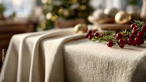 Cozy holiday spirit is evoked with a beige linen tablecloth adorned with pine sprigs and red berries near blurred golden ornaments shine.