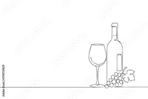 Wine glass, a bottle of wine and grapes. Still life. Sketch. Draw a continuous line.