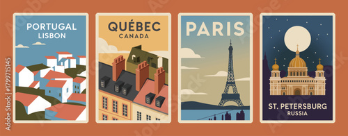 Travel posters set featuring scenic landscapes, iconic landmarks, and city skylines, perfect for decorative wall art, home interiors, and tourism promotion.