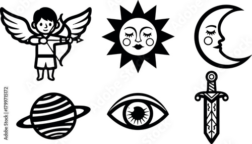 Cupid angel sun moon planet eye sword black and white vector icons set for design and decoration