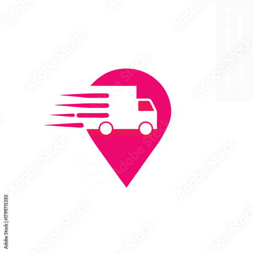 Pink location pin contains moving white truck with motion lines suggesting speedy delivery