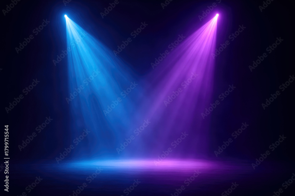 Fototapeta premium Blue and Purple Spotlights Create Dramatic Lighting in a Dark Environment beam stage