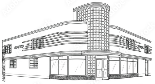 Architectural rendering of a streamlined mid-century commercial building with horizontal massing, rounded tower element, and smooth retro exterior geometry.