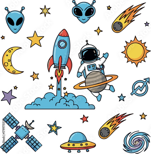 Create spaceship planet astronaut doodle cartoon galaxy star vector alien satellite illustration rocket universe cosmos drawing comet moon sky set element sun cosmic concept design space symbol on 