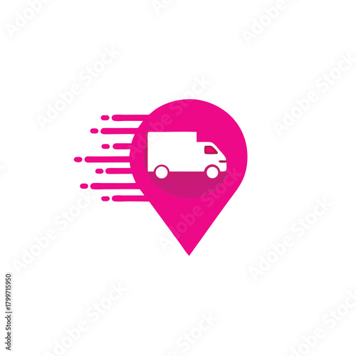 White delivery truck within pink map pin indicates swift service and location