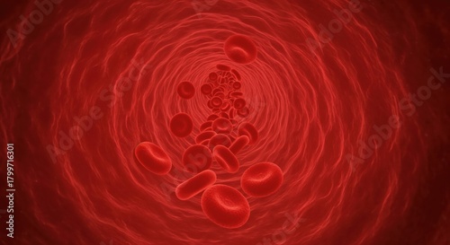 Red blood cells flow through blood vessels, delivering oxygen to tissues and organs in the human body