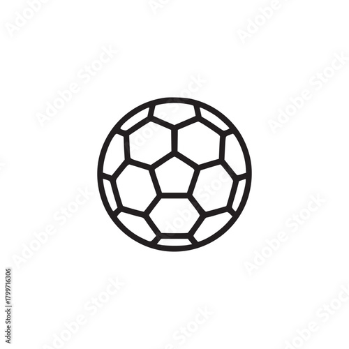 A simple black and white line drawing of a soccer ball centered on a plain white background image