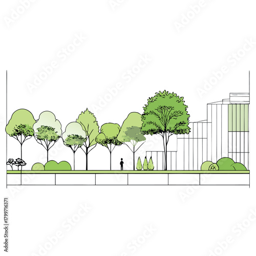 Minimal modern house elevation with flat roof, pastel pink walls, large glass doors, rooftop terrace, surrounding trees, human figures, and clean architectural line drawing style.