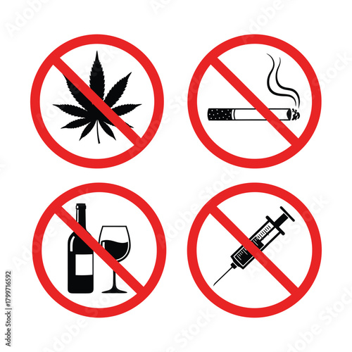 No drugs, alcohol, smoking, and narcotics signs isolated on