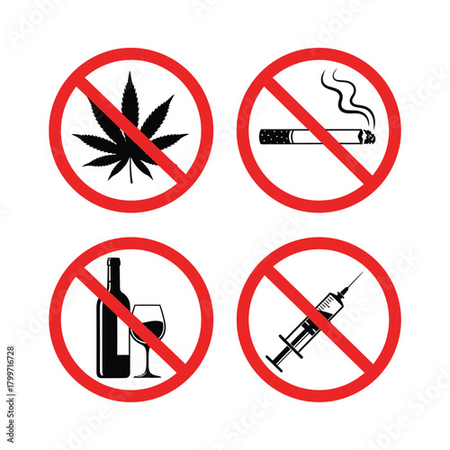 No drugs, alcohol, smoking, and narcotics signs isolated on