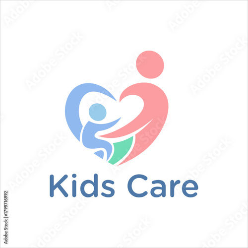 Kids Care Logo with Parent and Child Forming Heart Shape Symbol of Love Protection Family Support Childcare and Pediatric Care in Soft Pastel Colors for Health and Education