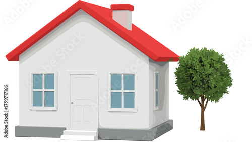 Simple 3D Style Vector Illustration of a White Single Family House with Red Roof, Chimney, and Small Green Tree, Representing Real Estate and Home Ownership